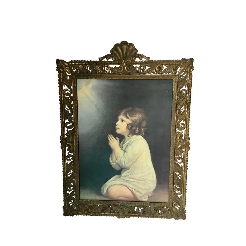 Gorgeous Vintage Brass Frame Currently Has Print of Girl Praying NO GLASS